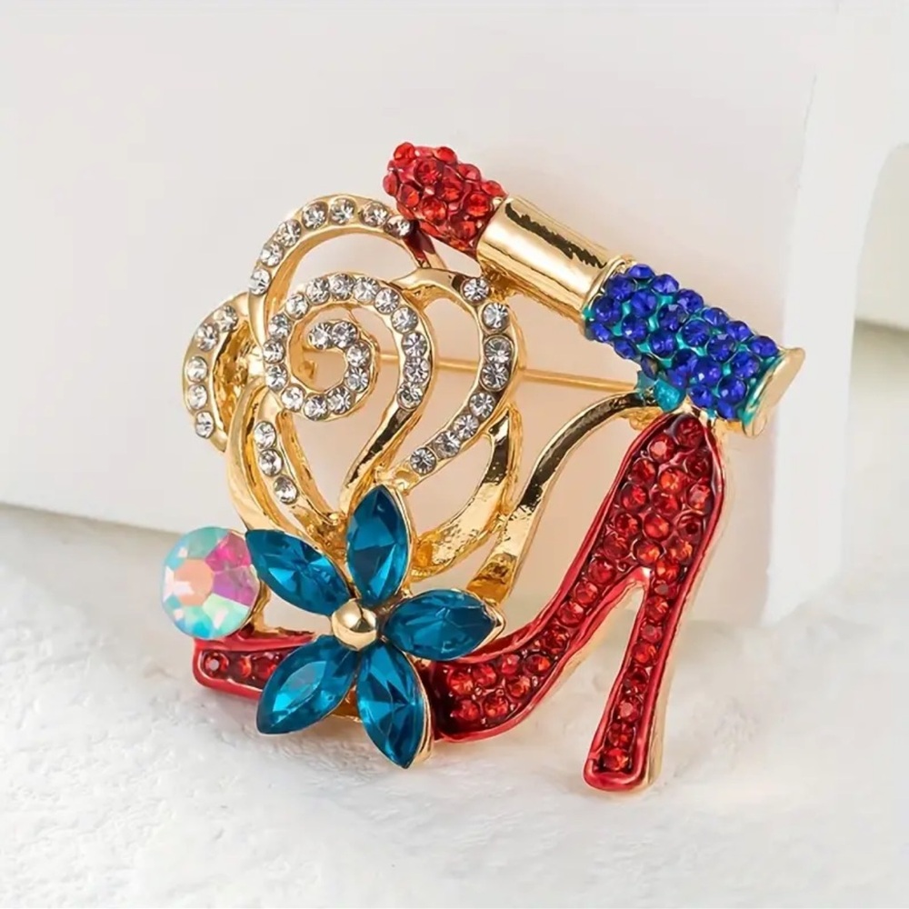 Rhinestone High Heel and Lipstick Brooch, Rhinestone Lipstick High Heel Brooch